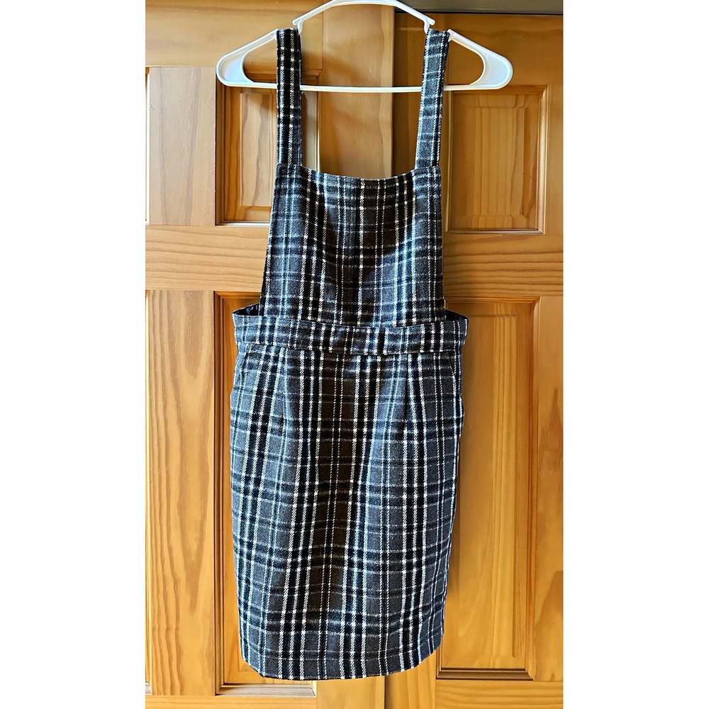 Lulus Plaid to Be Yours Pinafore Mini Dress Black White Jumper Overall Medium M